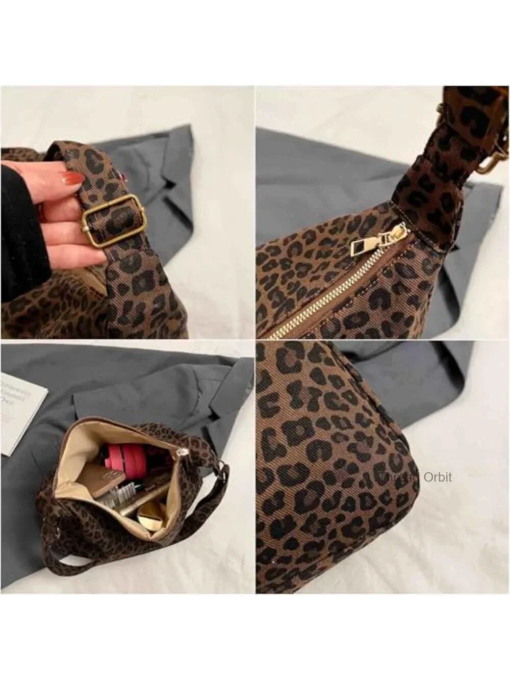 Leopard Print Canvas Hobo Shoulder Bag Tote with Zipper
